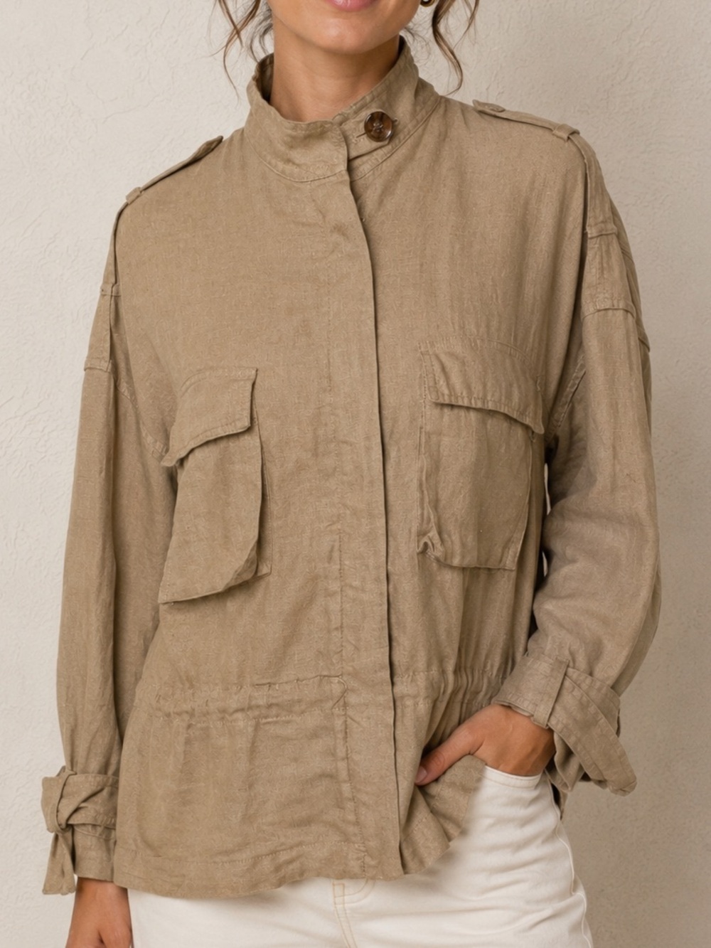 Zara Basic Women’s Size XS Tan 100% Linen Jacket Brown Utility Military Safari
